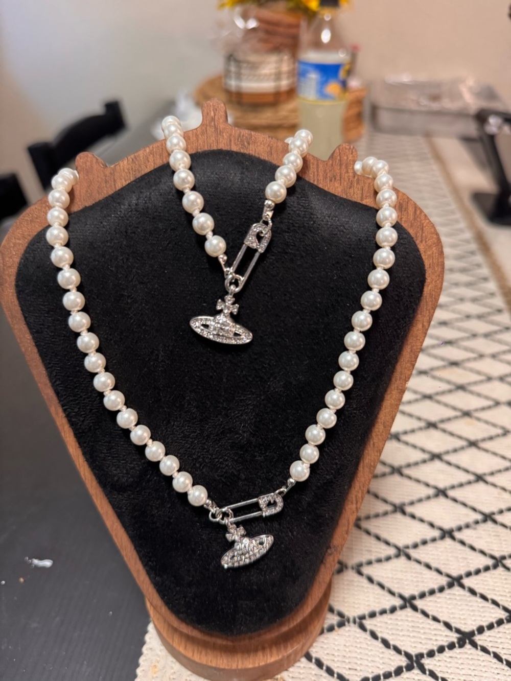 SET! Vivienne Westwood White Pearl Necklace and Bracelet Set w/Crystal Orb Charm